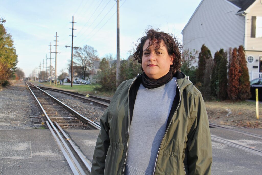 2020 11 19-e lee-vanessa keegan-gibbstown nj-liquid natural gas facility train Vanessa Keegan, 41, lives in Gibbstown with her boyfriend and 3-year-old son one block from the railroad tracks that will carry liquid natural gas to an export facility on the Delaware River. (Emma Lee/WHYY)