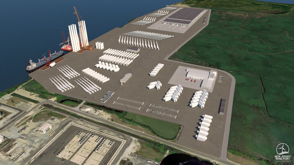 2020 12 30-provided-new jersey wind port lower alloways creek 3 A rendering shows a southern view of the planned 30-acre marshalling port for the New Jersey Wind Port on Artificial Island in Lower Alloways Township and 130+ acres of adjacent manufacturing space.