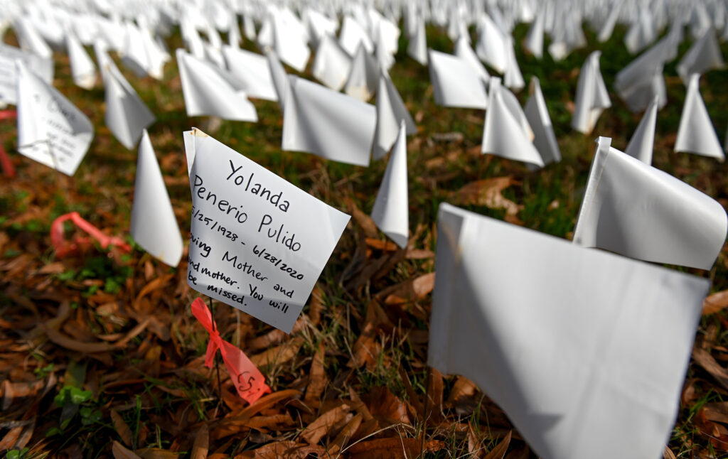 White flags planted by volunteers visualize lives lost in the U.S. to COVID-19 as part of an installation by artist Suzanne Firstenberg in Washington, D.C. The death toll has now reached 300,000. White flags planted by volunteers visualize lives lost in the U.S. to COVID-19 as part of an installation by artist Suzanne Firstenberg in Washington, D.C. The death toll has now reached 300,000.