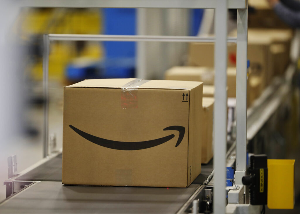 Boxes on a conveyor belt at an Amazon fulfillment center