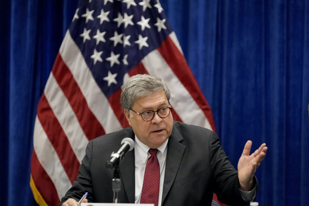 Trump Legal Challenges Investigations In this Oct. 15, 2020, file photo U.S. Attorney General William Barr speaks during a roundtable discussion on Operation Legend in St. Louis. (AP Photo/Jeff Roberson)