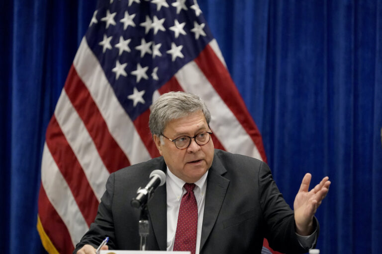In this Oct. 15, 2020, file photo U.S. Attorney General William Barr speaks during a roundtable discussion on Operation Legend in St. Louis. (AP Photo/Jeff Roberson)