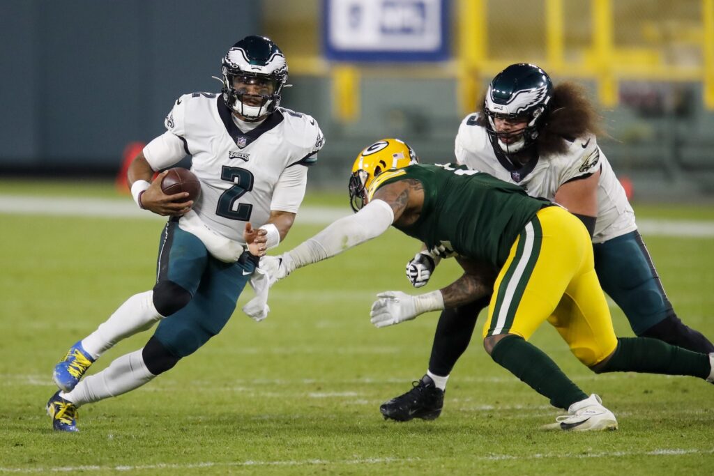 Eagles Packers Football Philadelphia Eagles' Jalen Hurts runs during the second half of an NFL football game against the Green Bay Packers Sunday, Dec. 6, 2020, in Green Bay, Wis. The Packers won 30-16. (AP Photo/Matt Ludtke)