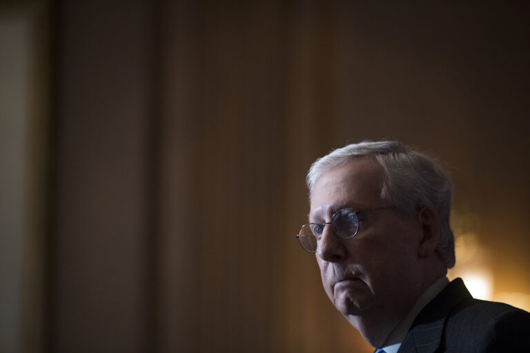 Senate Majority Leader Mitch McConnell of Ky., speaks during a news conference with other Senate Republicans on Capitol Hill in Washington, Tuesday, Dec. 15, 2020. (Rod Lamkey/Pool via AP)