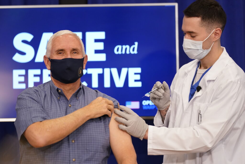 Mike Pence, Karen Pence, Jerome Adams Vice President Mike Pence receives a Pfizer-BioNTech COVID-19 vaccine shot at the Eisenhower Executive Office Building on the White House complex, Friday, Dec. 18, 2020, in Washington. (AP Photo/Andrew Harnik)