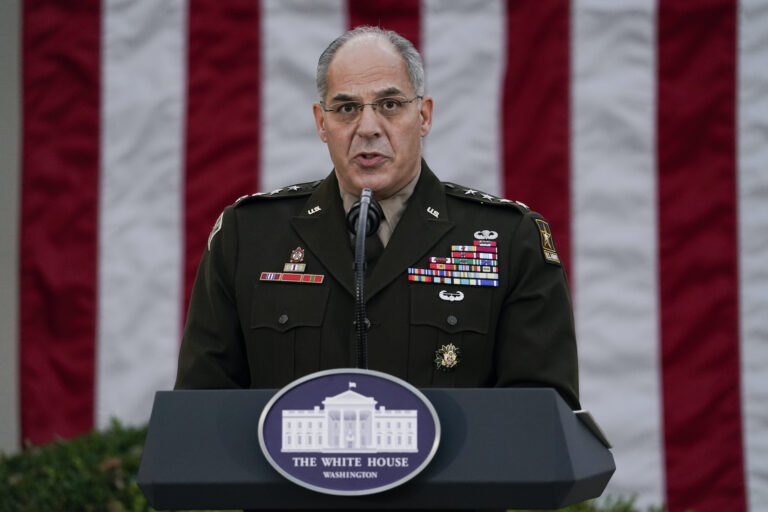 In this Nov. 13, 2020, file photo Army Gen. Gustave Perna, who is leading Operation Warp Speed, speaks during at an event in the Rose Garden of the White House in Washington. (AP Photo/Evan Vucci)