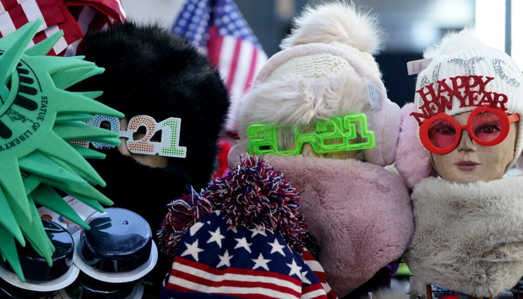New Years Eve Times Square Only a few items celebrating the new year are displayed at the vendor's stall in Times Square, New York, Monday, Dec. 28, 2020. (AP Photo/Seth Wenig)