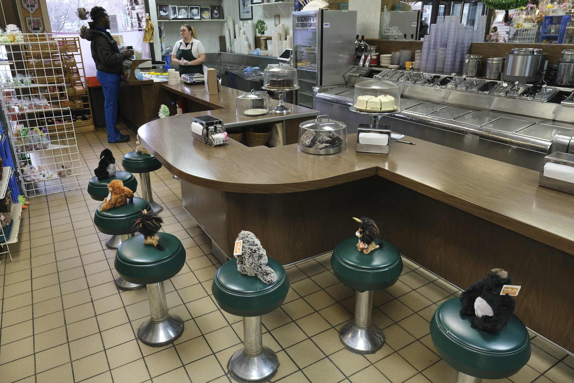 Stuffed animals on the stools in Bischoff's, an ice cream parlor