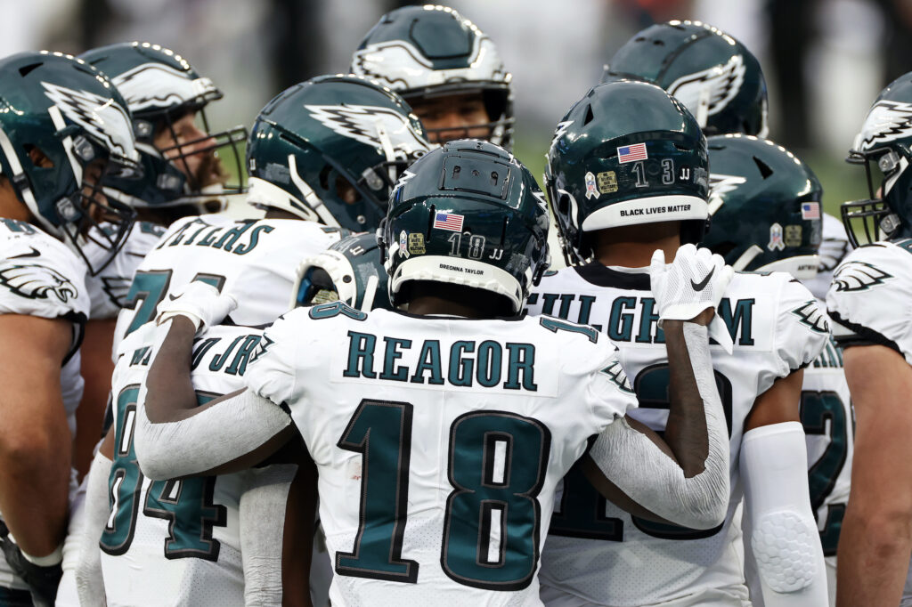 Eagles Giants Football Philadelphia Eagles wide receiver Travis Fulgham (13) with the words 'Black Lives Matter' and Philadelphia Eagles wide receiver Jalen Reagor (18) with the name 'Breonna Taylor' seen on their helmets