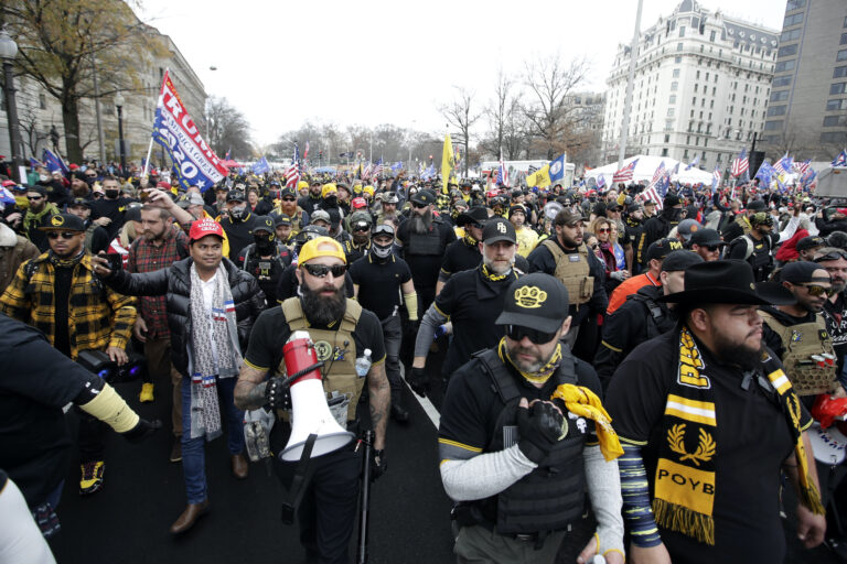 Supporters of President Donald Trump who are wearing attire associated with the Proud Boys attend a rally at Freedom Plaza,