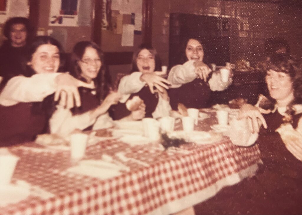 Joanne McLaughlin High School Joanne McLaughlin (at right, back row) and some classmates at a long-ago Ring Day celebration at Little Flower Catholic High School for Girls. (Courtesy of Joanne McLaughlin)