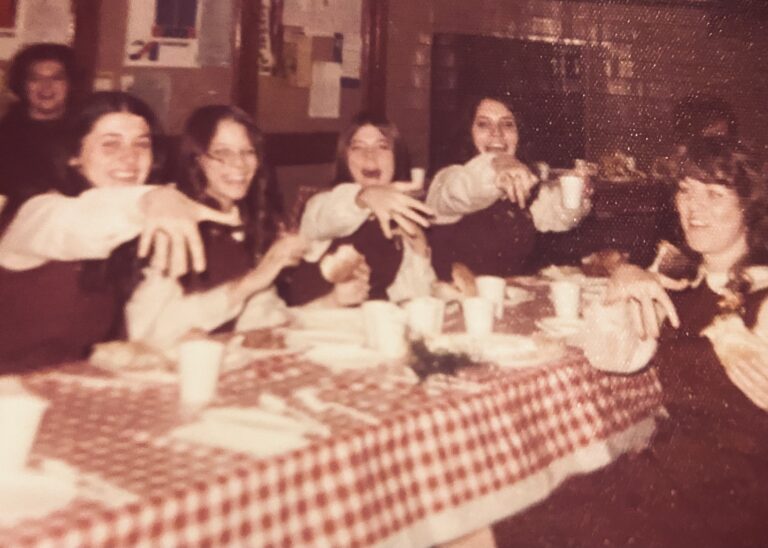Joanne McLaughlin (at right, back row) and some classmates at a long-ago Ring Day celebration at Little Flower Catholic High School for Girls. (Courtesy of Joanne McLaughlin)