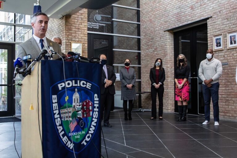 Bucks County officials speak during a press conference on Dec. 3, 2020, announcing a new program where social workers trained in crisis intervention work with police officers. (Kimberly Paynter/WHYY)