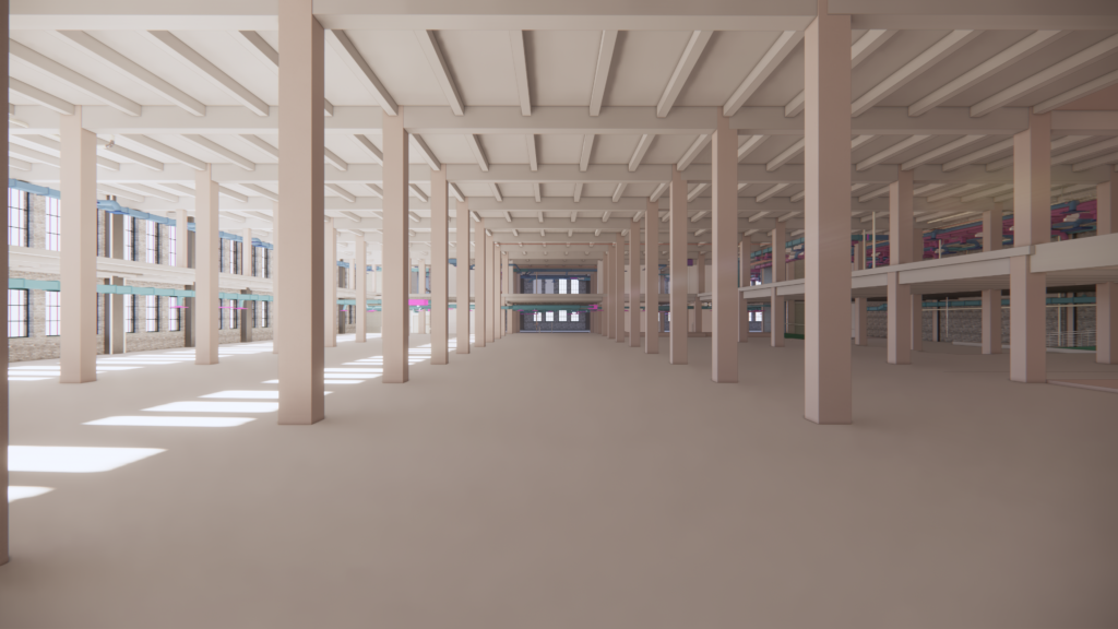 PPSB-2F_centre Rendering produced by RevitGods of the existing second-floor space of the former Philadelphia Inquirer Building. Now the Philadelphia Public Services Building. (Courtesy of RevitGods Inc.)