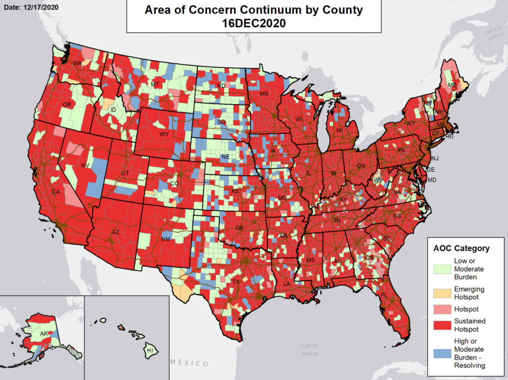 This map highlights what the government considers areas of concern around the country. Red counties are 