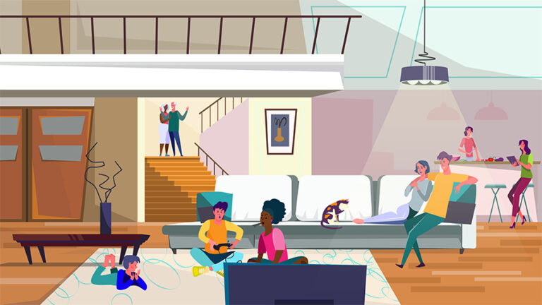 Kids playing video games, women cooking in kitchen, living room flat vector illustration