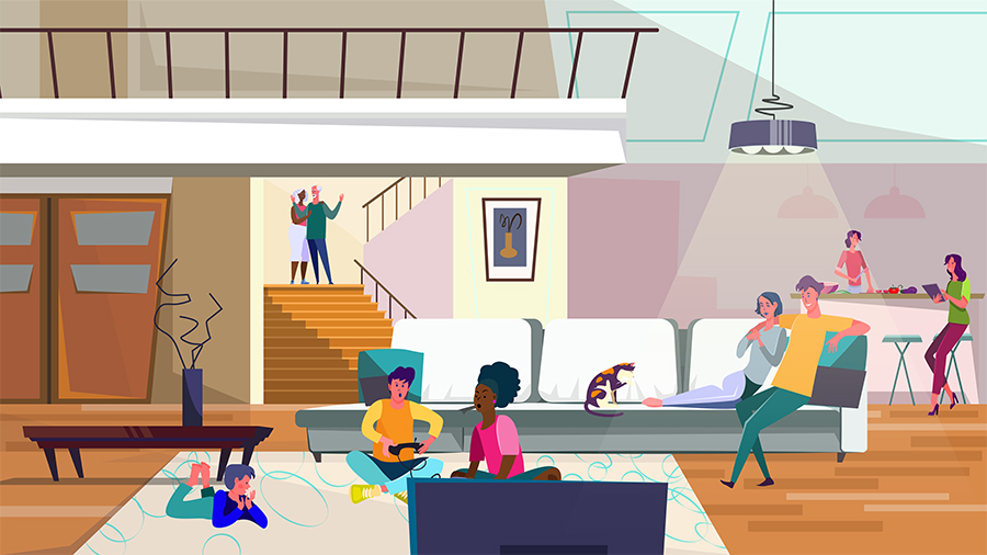 bigstock-Big-Family-At-Home-Kids-Playi-349399864 Kids playing video games, women cooking in kitchen, living room flat vector illustration