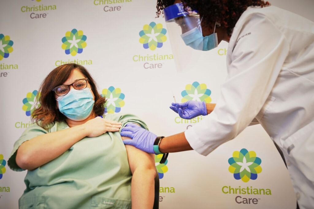 christiana care ChristianaCare employee Kathleen Bonis gets the COVID vaccine in December 2020. (State of Delaware)