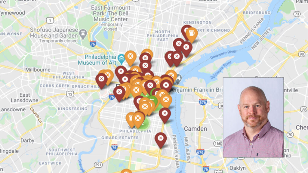 closedinphl-restaurantmap-01 Foobooz founder Art Etchells (inset) created a map to document Philly restaurant closings. (ClosedinPHL)