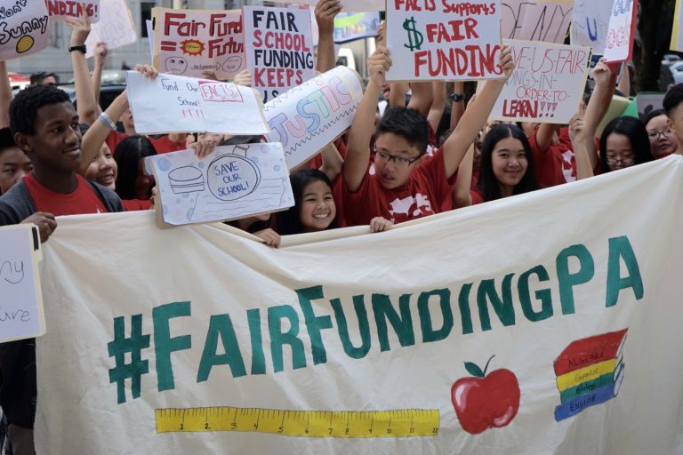 A fair funding protest outside Philadelphia City Hall in 2019. (Harvey Finkle/The Notebook)