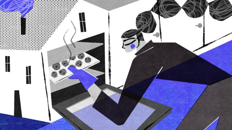 A character puts (or takes out) some cookies in (from) the oven, which is shaped like a house to represent the time we're spending at home during the pandemic.