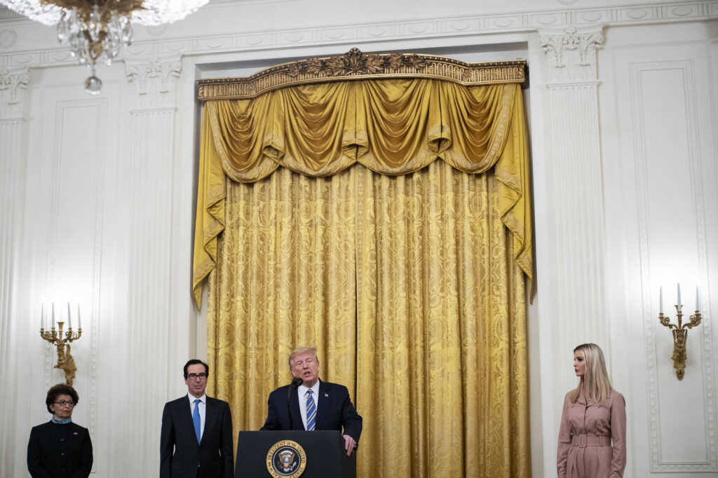President Trump Speaks On Small Business Paycheck Protection Program President Trump speaks as Jovita Carranza, administrator of the Small Business Administration; Treasury Secretary Steven Mnuchin; and Ivanka Trump, advisor to the president, listen during a Paycheck Protection Program event in the East Room of the White House