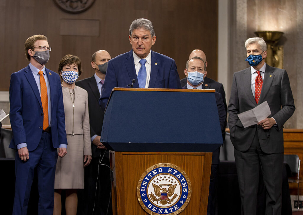 Bipartisan Members Of Congress Announce Coronavirus Relief Bill Sen. Joe Manchin (D-WV) speaks alongside a bipartisan group of Democrat and Republican members of Congress as they announce a proposal for a Covid-19 relief bill on Capitol Hill