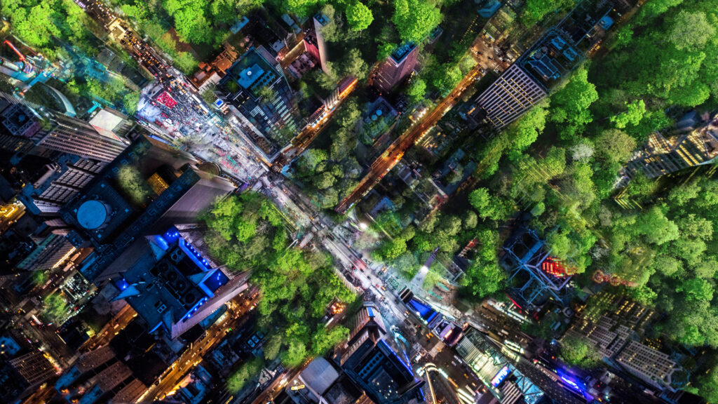 he14_OOB_1920x1080 An aerial rending of Times Square, imagined in the possible future with trees taking over the urban space. That speculative future is part of the sound art piece Times3. (Courtesy of Prototype opera festival)