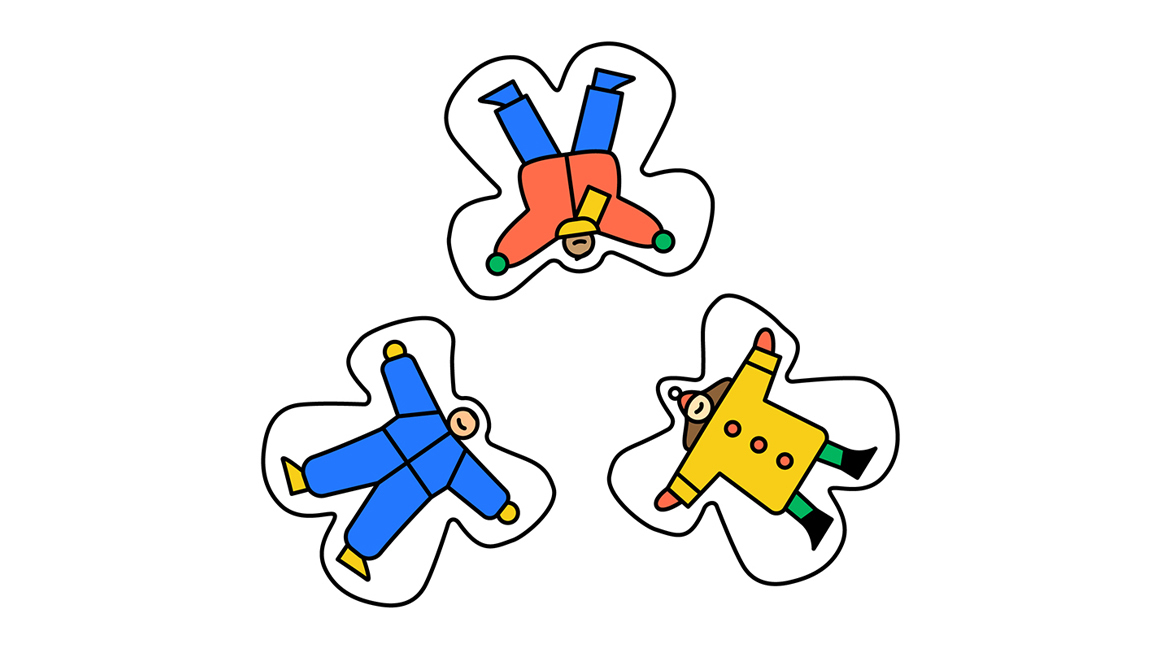 An illustration of people making snow angels outside