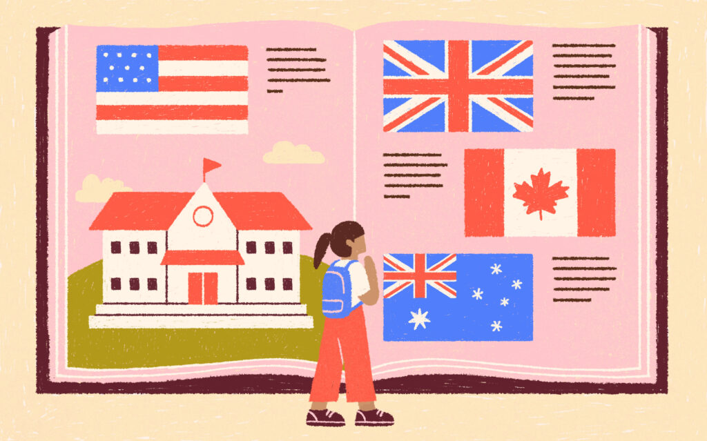 International students are seeking education in countries other than the United States. An illustration of a student weighing college choices