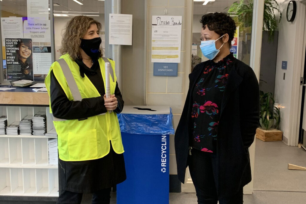 leslie-richards-in-mask-crop SEPTA General manager Leslie Richards speaks to a fellow SEPTA employee at Frankford Transportation Center in Philadelphia. (Courtesy of SEPTA)