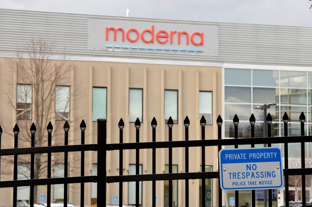 Moderna is making its COVID-19 vaccine at a company factory in Norwood, Mass. The exterior of a Moderna building