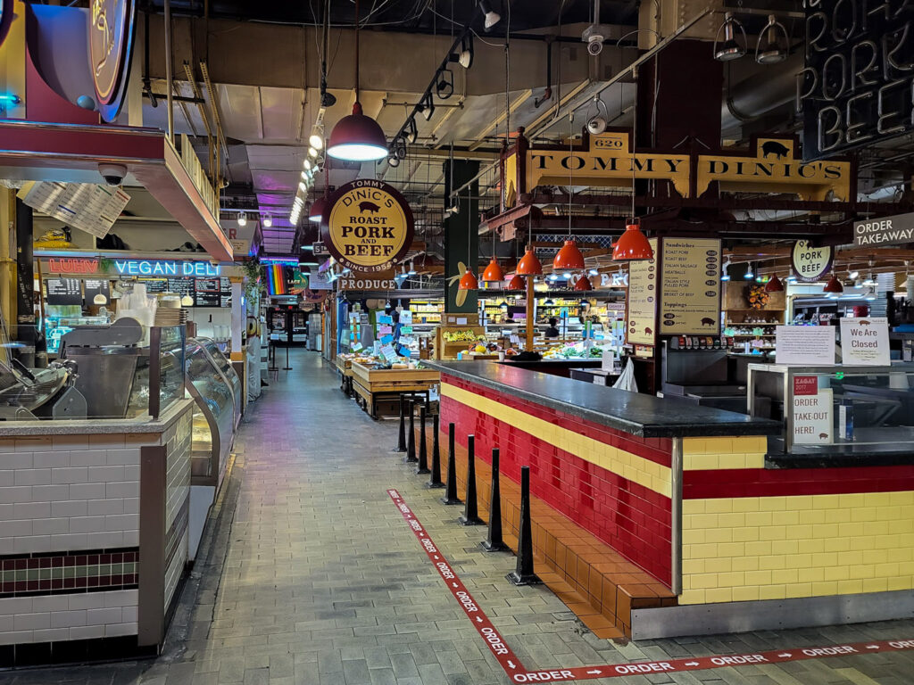readingterminalmarket-april2020coronavirus-markhenninger03 Reading Terminal Market in April. Some stands were open, but customers were few. (Mark Henninger/Imagic Digital)