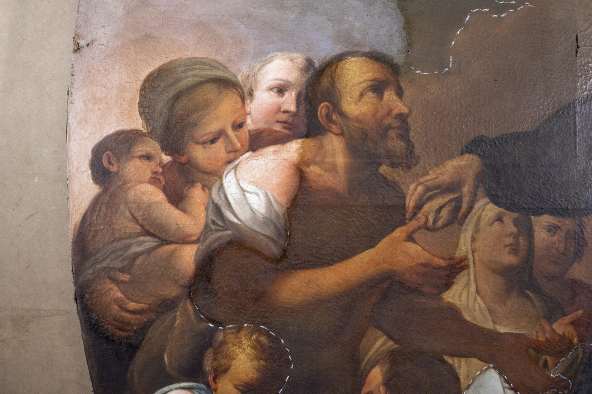 Cleaning test of Violante Ferroni's Saint John of God Feeds the Poor.