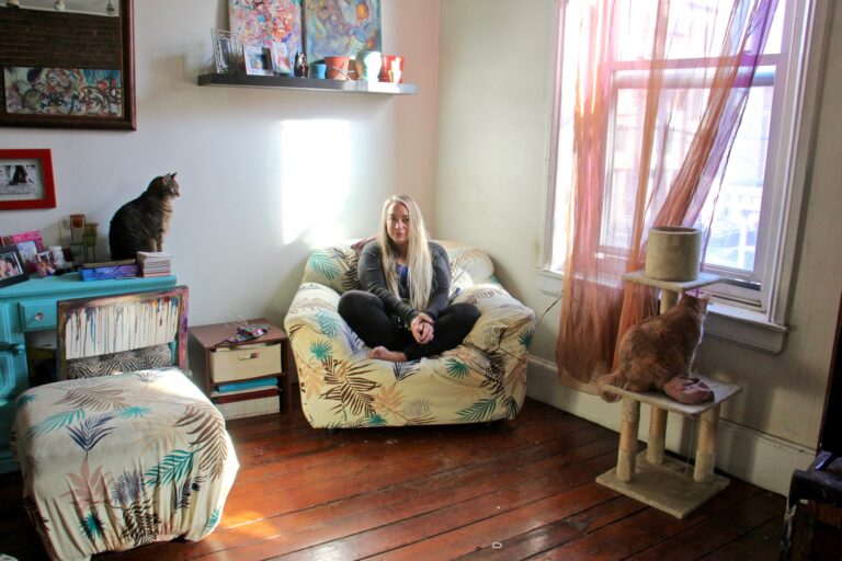 Jennifer Ferrell is a dance instructor whose business has slowed during the pandemic. Rental assistance has allowed her too keep her apartment in Northern Liberties, where she stages Zoom classes. (Emma Lee/WHYY)