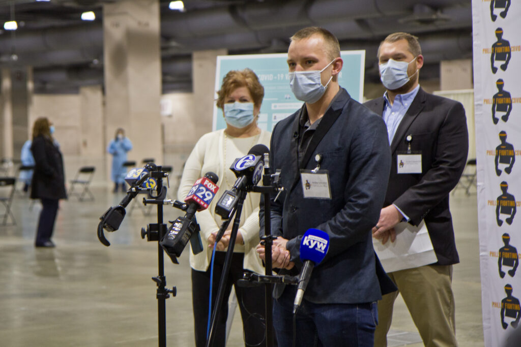 2021 01 08 k paynter convention center vaccine opening-3 Philly Fighting COVID CEO Andrei Doroshin speaks at the opening of the community vaccine clinic at the Pennsylvania Convention Center.