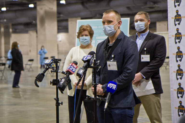 Philly Fighting COVID CEO Andrei Doroshin speaks at the opening of the community vaccine clinic at the Pennsylvania Convention Center.