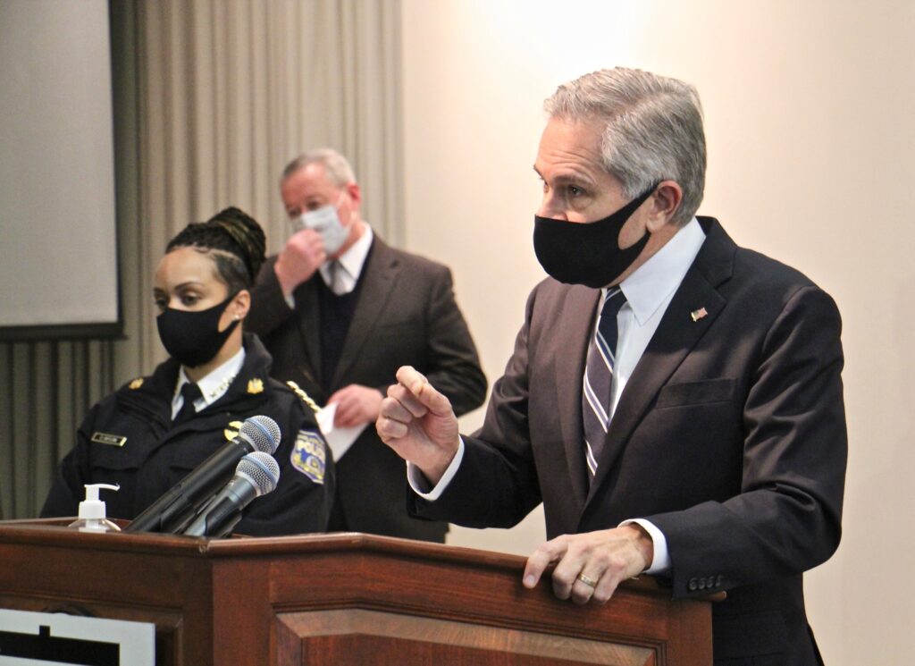 2021 01 14-e lee-danielle outlaw jim kenney larry krasnerphiladelphia-inauguration preperation Philadelphia District Attorney Larry Krasner appears as a podium
