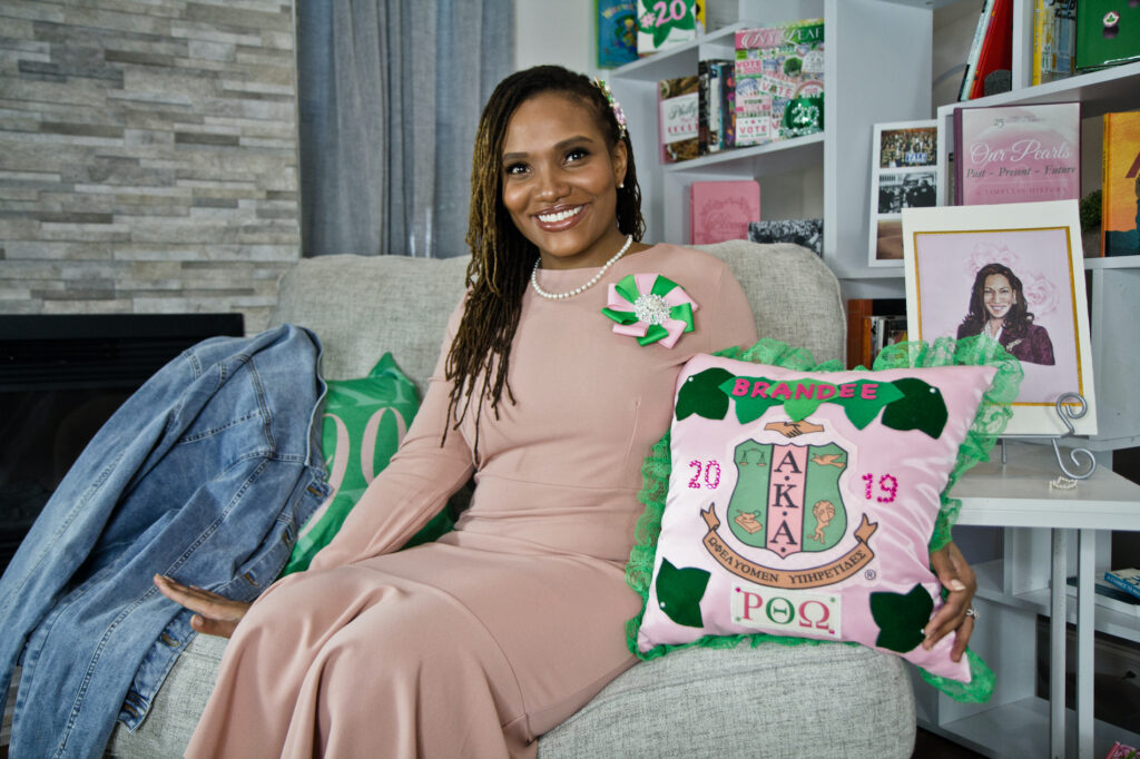 2021 01 20 k paynter aka member bradee anderson Alpha Kappa Alpha member Brandee Anderson is ecstatic for fellow AKA member and Vice President Kamala Harris at her home in Philadelphia on Inauguration Day 2021. (Kimberly Paynter/WHYY)
