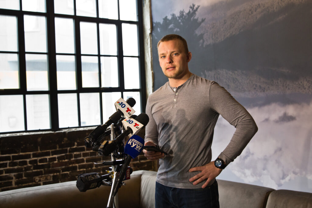Philly Fighting COVID CEO Andrei Doroshin (Kimberly Paynter/WHYY) Philly Fighting COVID CEO Andrei Doroshin inside his apartment building