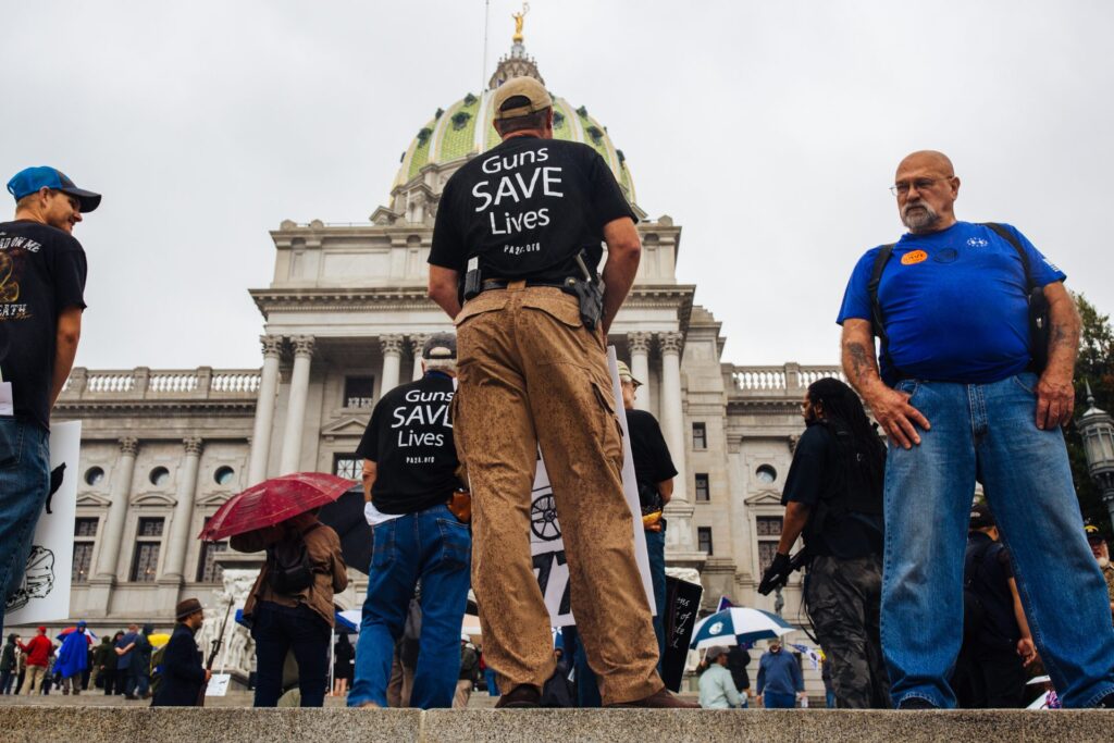 2ndAmendment2020-3-8-1920×1280 (1) 2nd Amendment Rally attendees carry guns and signs on the Capitol steps in Harrisburg, Pa., on Sept. 29, 2020. (Kate Landis/WITF)