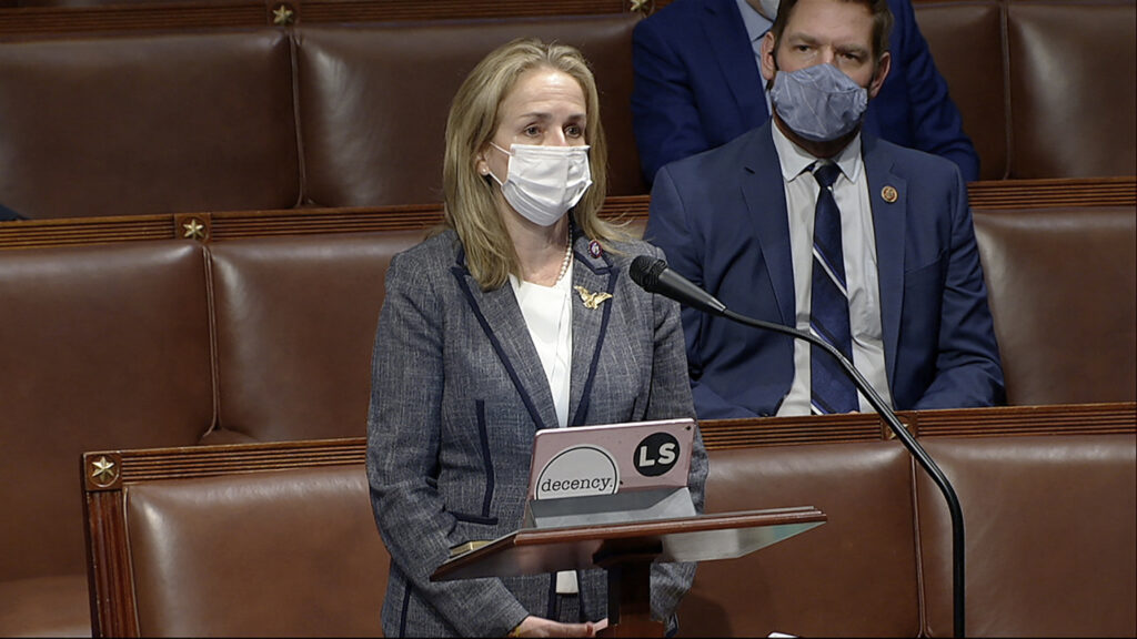 Congress Electoral College In this image from video, Rep. Madeleine Dean, D-Pa., speaks as the House debates the objection to confirm the Electoral College vote from Pennsylvania, at the U.S. Capitol early Thursday, Jan. 7, 2021. (House Television via AP)