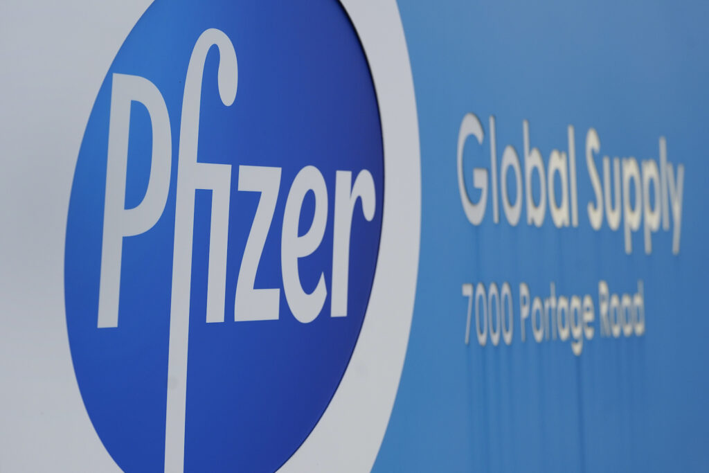 A Pfizer Global Supply Kalamazoo manufacturing plant sign is shown in Portage, Mich., Friday, Dec. 11, 2020. (AP Photo/Paul Sancya)