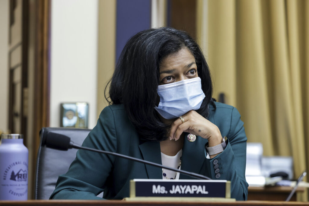 Capitol Breach Lawmaker COVID In this July 29, 2020 file photo, Rep. Pramila Jayapal, D-Wash., speaks during a House Judiciary subcommittee hearing on antitrust on Capitol Hill in Washington. (Graeme Jennings/Pool via AP)