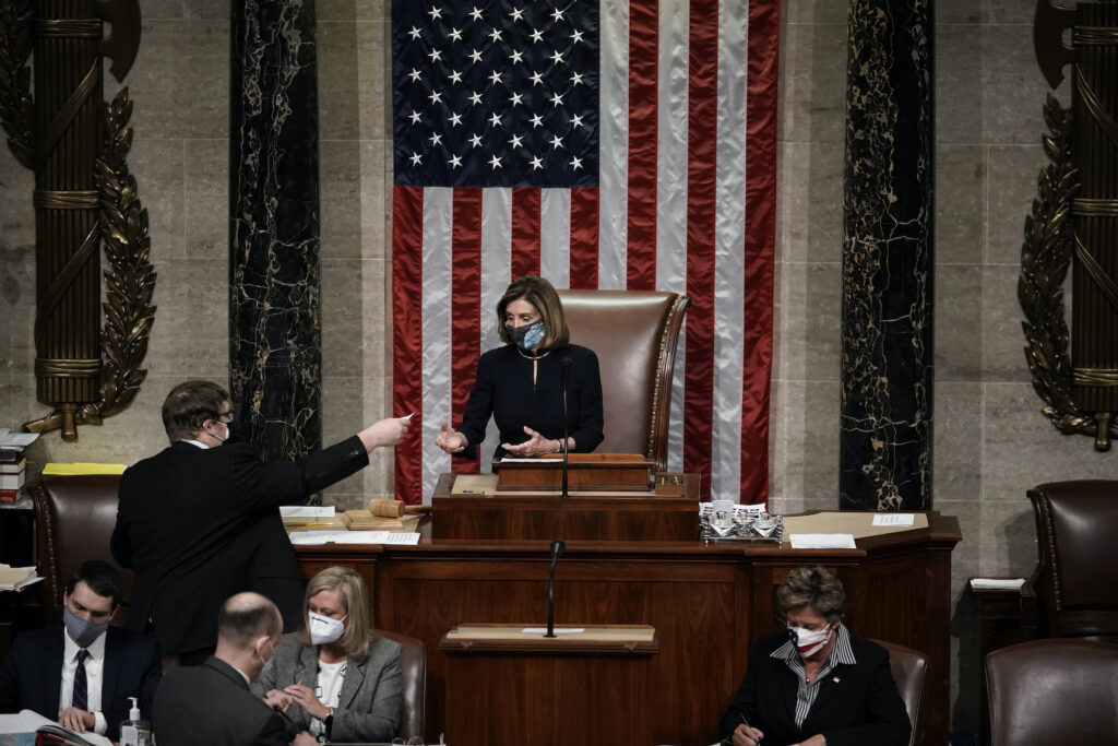Nancy Pelosi Speaker of the House Nancy Pelosi, D-Calif., leads the final vote of the impeachment of President Donald Trump, for his role in inciting an angry mob to storm the Congress