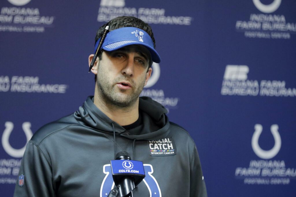 Then Indianapolis Colts offensive coordinator Nick Sirianni speaks during a news conference at the NFL team's facility, Wednesday, Jan. 2, 2019, in Indianapolis. (AP Photo/Darron Cummings)
