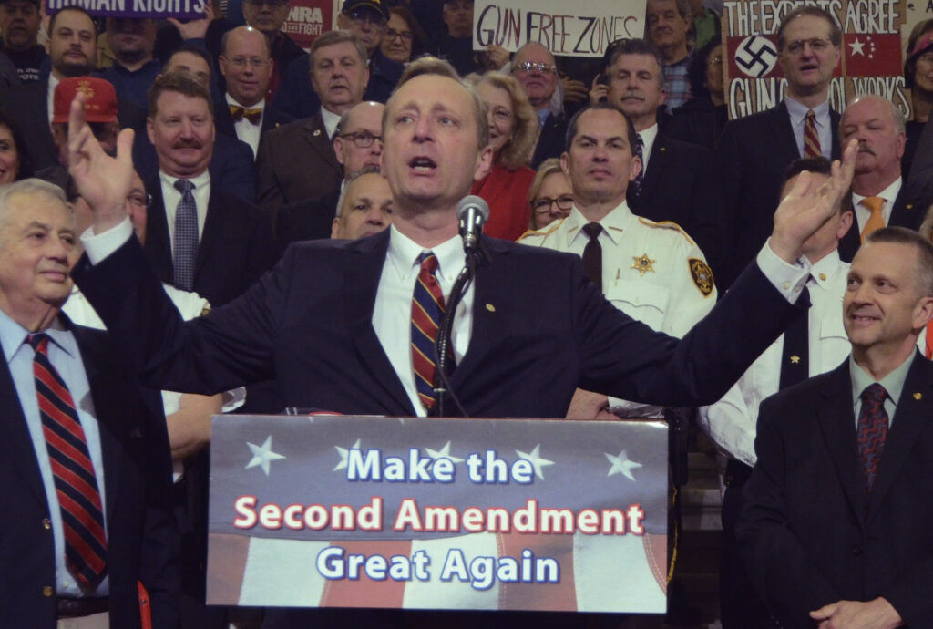 Biden Health Appointee Lawmaker Pennsylvania state Rep. Jeff Pyle, R-Armstrong, speaks at an annual gun rights rally in the state Capitol Rotunda on Monday, April 30, 2018 in Harrisburg, Pa. (AP Photo/Marc Levy)