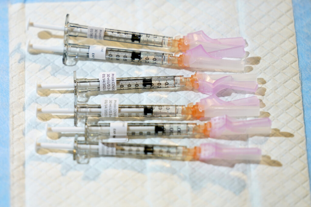 Virus Outbreak New Jersey Six syringes filled with the COVID-19 vaccine are pictured in a file photo