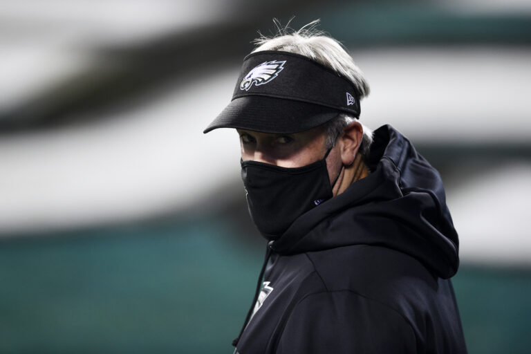 Philadelphia Eagles head coach Doug Pederson walks the field