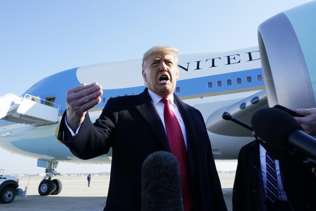 Donald Trump Former President Donald Trump speaks to the media before boarding Air Force One